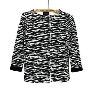 Liz Claiborne Womens Small Petite  Zebra Print Button Up Sweater Black White